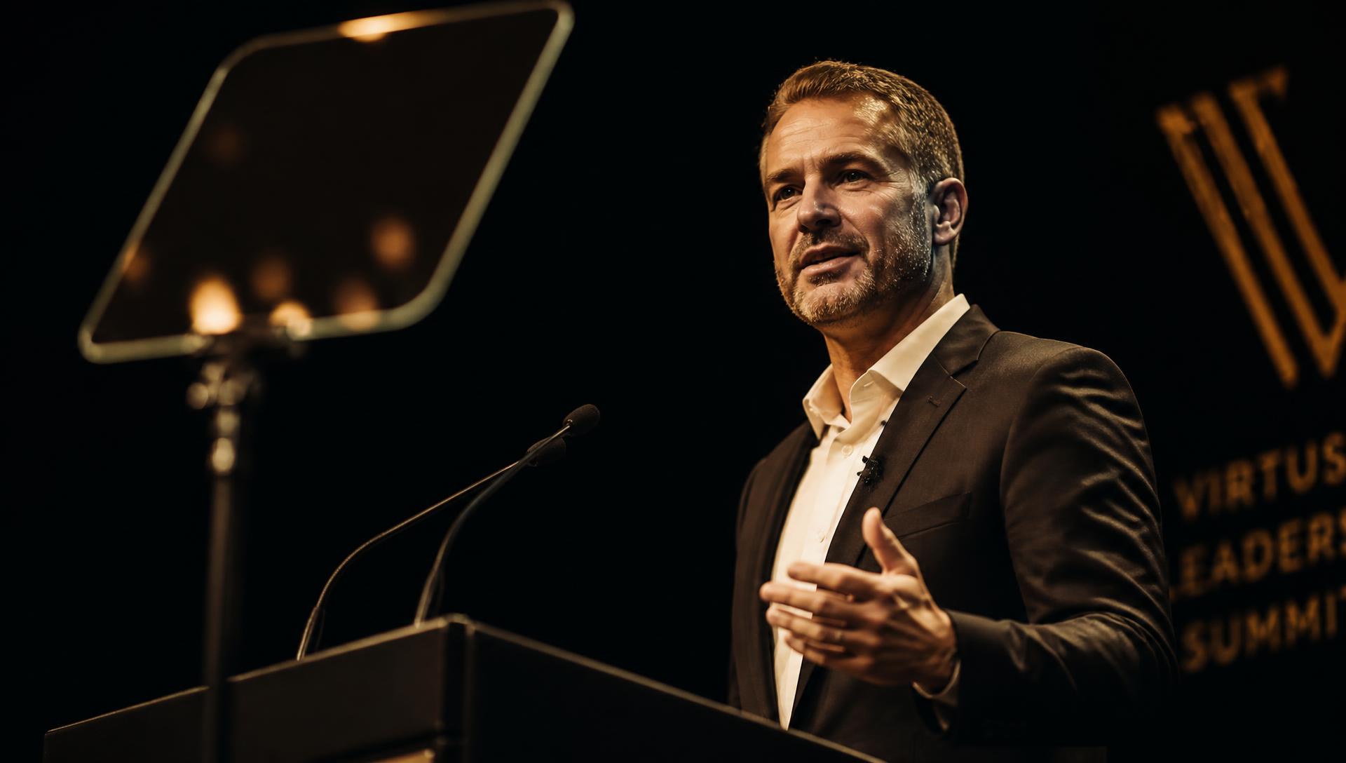 Speaker sul palco di un evento con teleprompter professionale e luci da palco